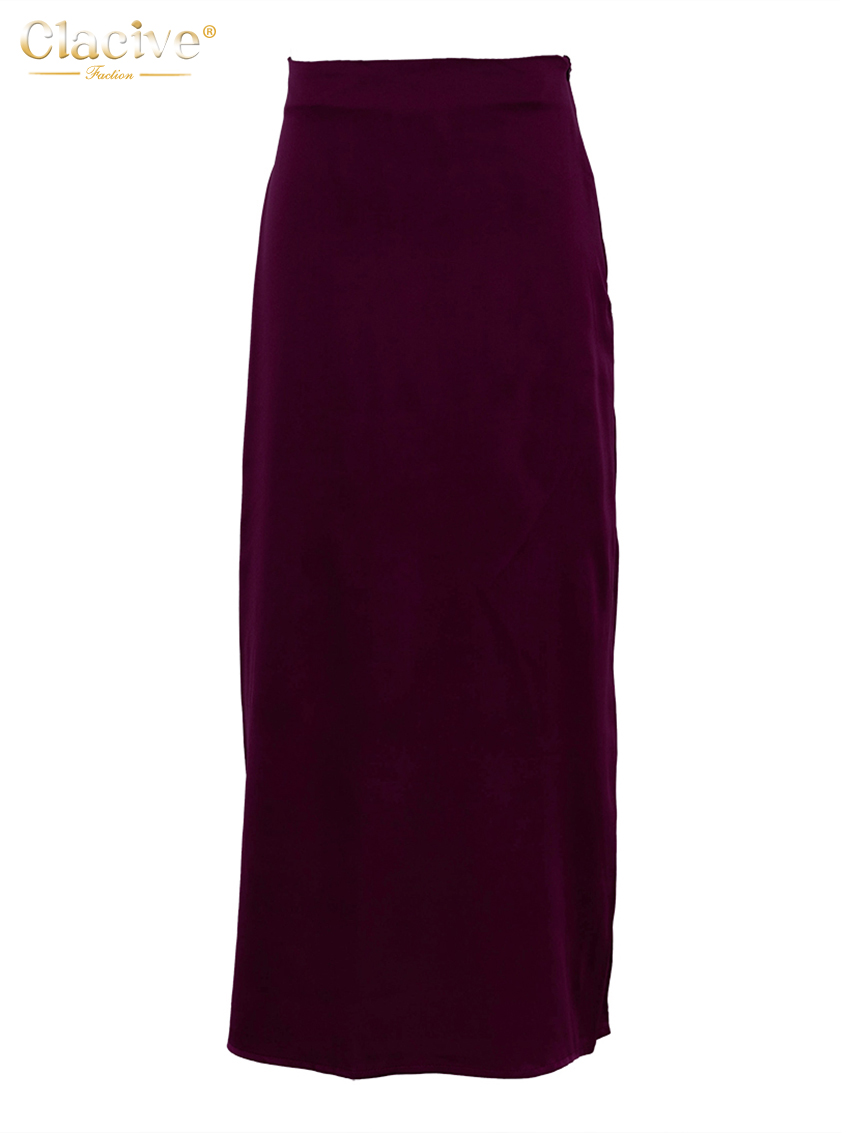 ClacMarkets-Jupe en satin rouge vin pour femme, élégante, taille haute, longueur de rinçage, décontractée, simple, vêtements féminins, mode