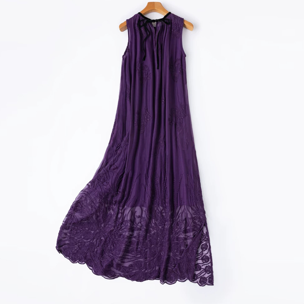Robe de soirée décontractée pour femme, nouvelle collection été, élégante, en soie de mûrier naturelle, broderie riche, col rond, longue, violette
