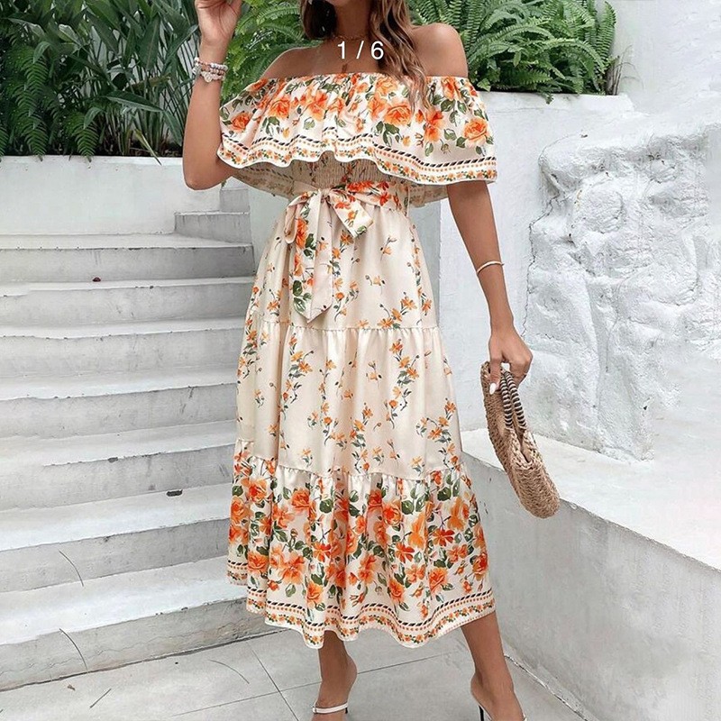 Wein femme fleur coloré une épaule rouge imprimé fleuri robe Maxi femme jupe d'été dame loisirs robes vêtements vêtements de mer