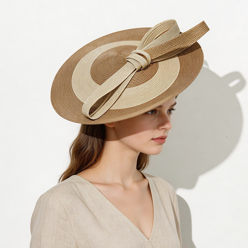 Grand chapeau fascinateur en paille à larges bandes, bandeaux élégants pour femmes, accessoire de tête pour bal de promo, fête, mariage, style français, chapeau de mariage femme