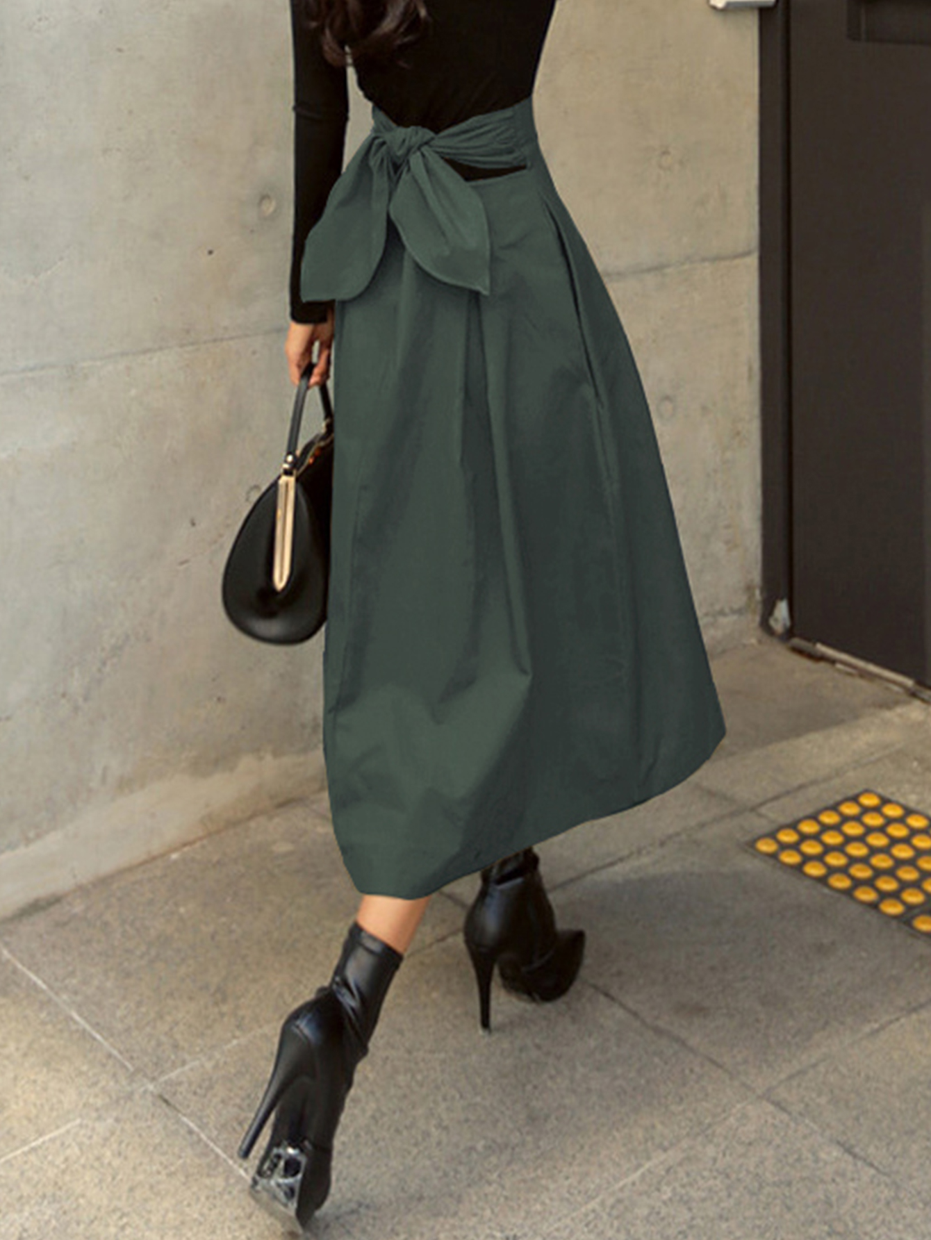 Jupes trapèze élégantes et solides pour femmes, Style scolaire Preppy, taille haute élastique, longue avec nœud, vêtements pour femmes