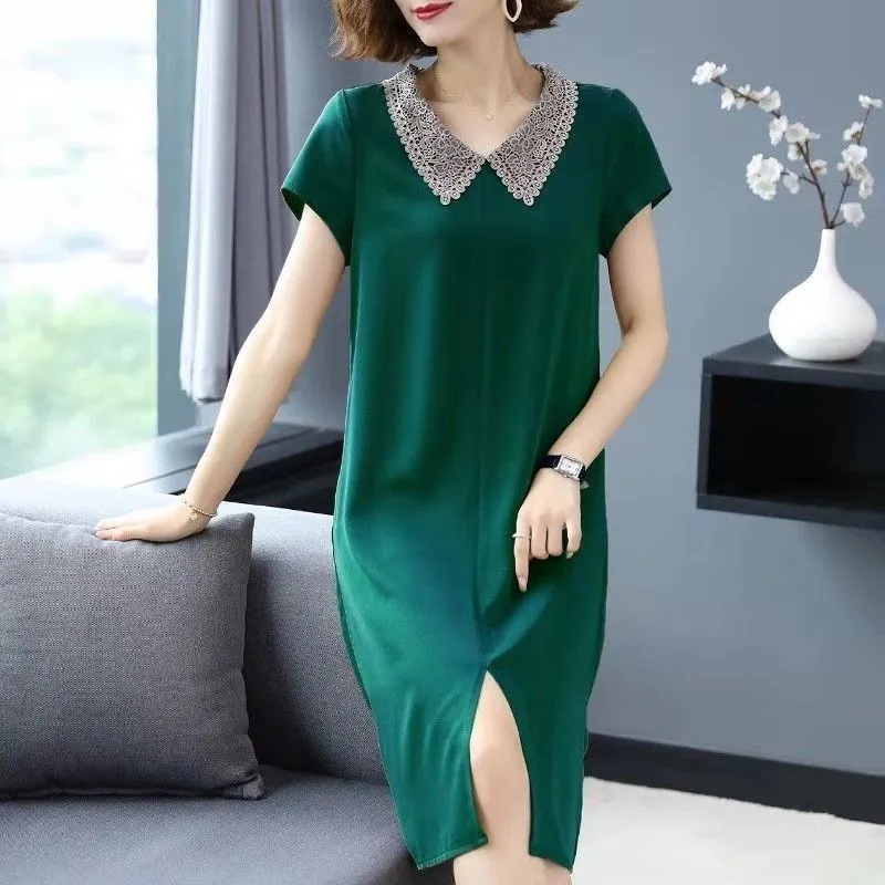 Robe midi élégante, mode estivale, ample, longue jusqu'aux genoux, pour femmes d'âge moyen, en polyester, couleur unie, coupe droite