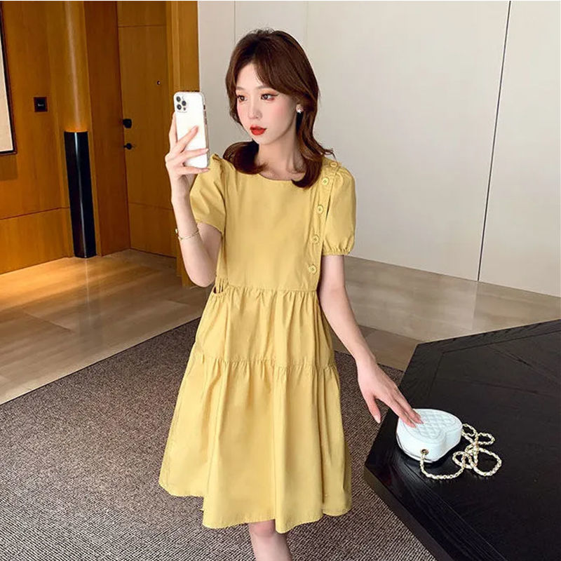 Robe de bal en lin jaune pour femmes, tunique ample et élégante, décontractée, style Vintage, grande taille, mode coréenne, mi-longue, été, 2021
