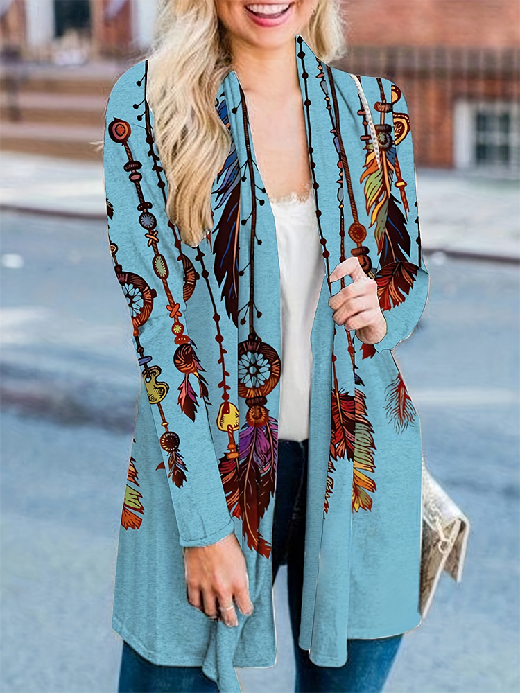 Nouvelle Collection Automne/Hiver 2026 : Cardigan Femme Tendance à Manches Longues, Imprimé Plumes Rétro, Coupe Décontractée, Grandes Tailles