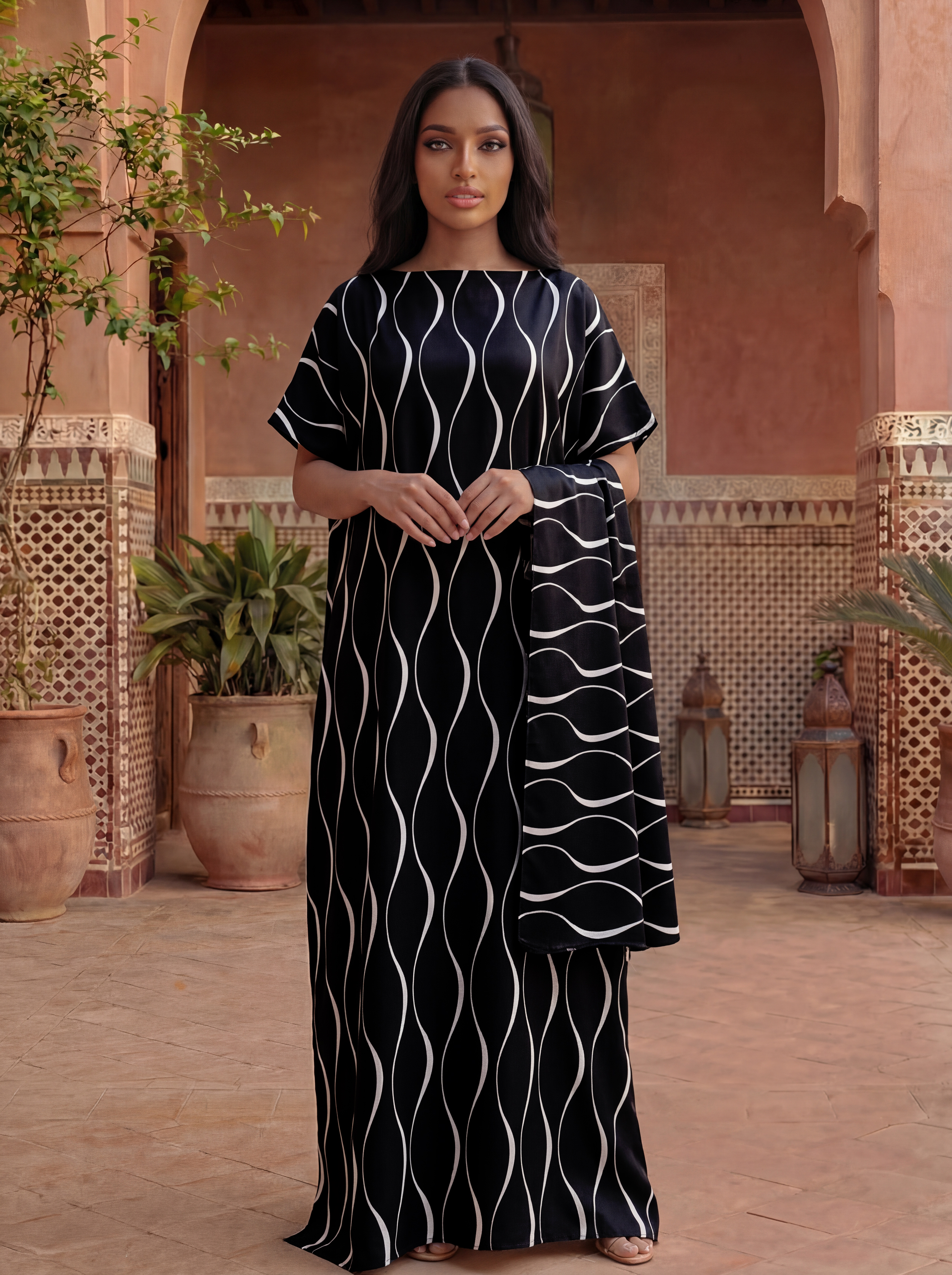 Abaya en satin à imprimé lignes ondulées minimalistes avec foulard, kaftan maxi ample pour femmes musulmanes, tenue d'été pour la plage et les vacances