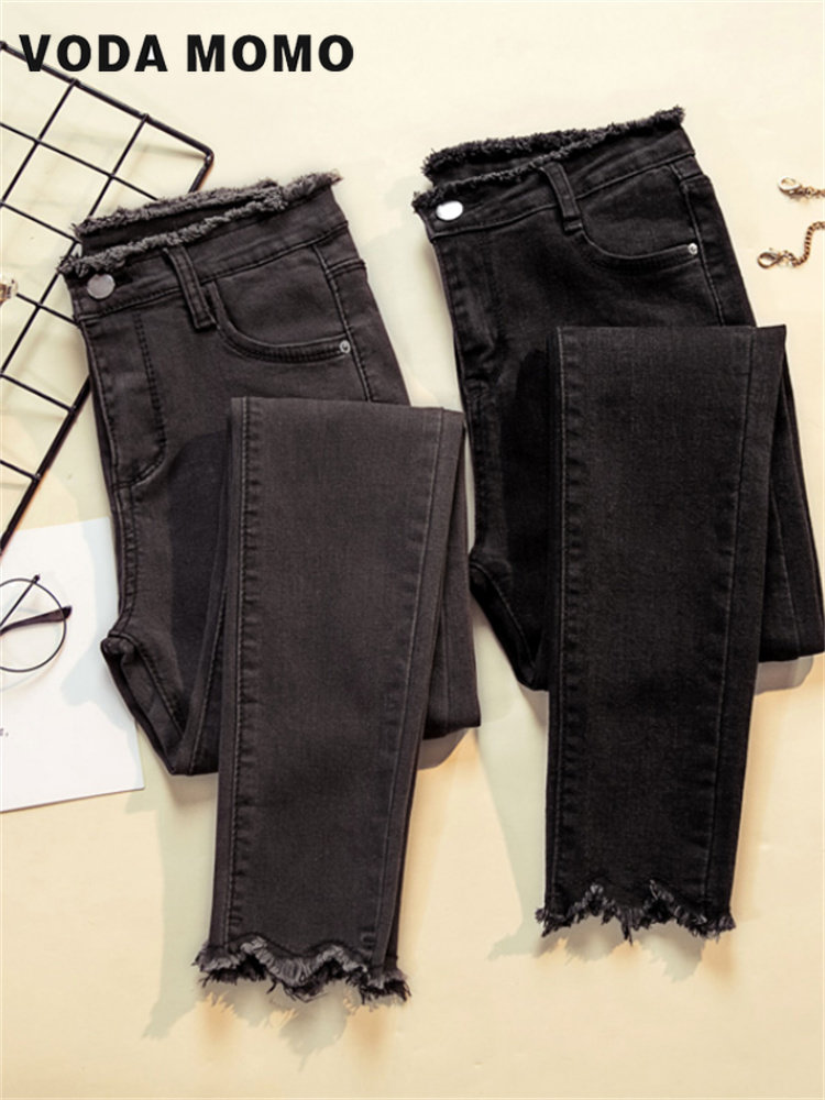 Jean en denim noir pour femmes, pantalon moulant, bas de commande