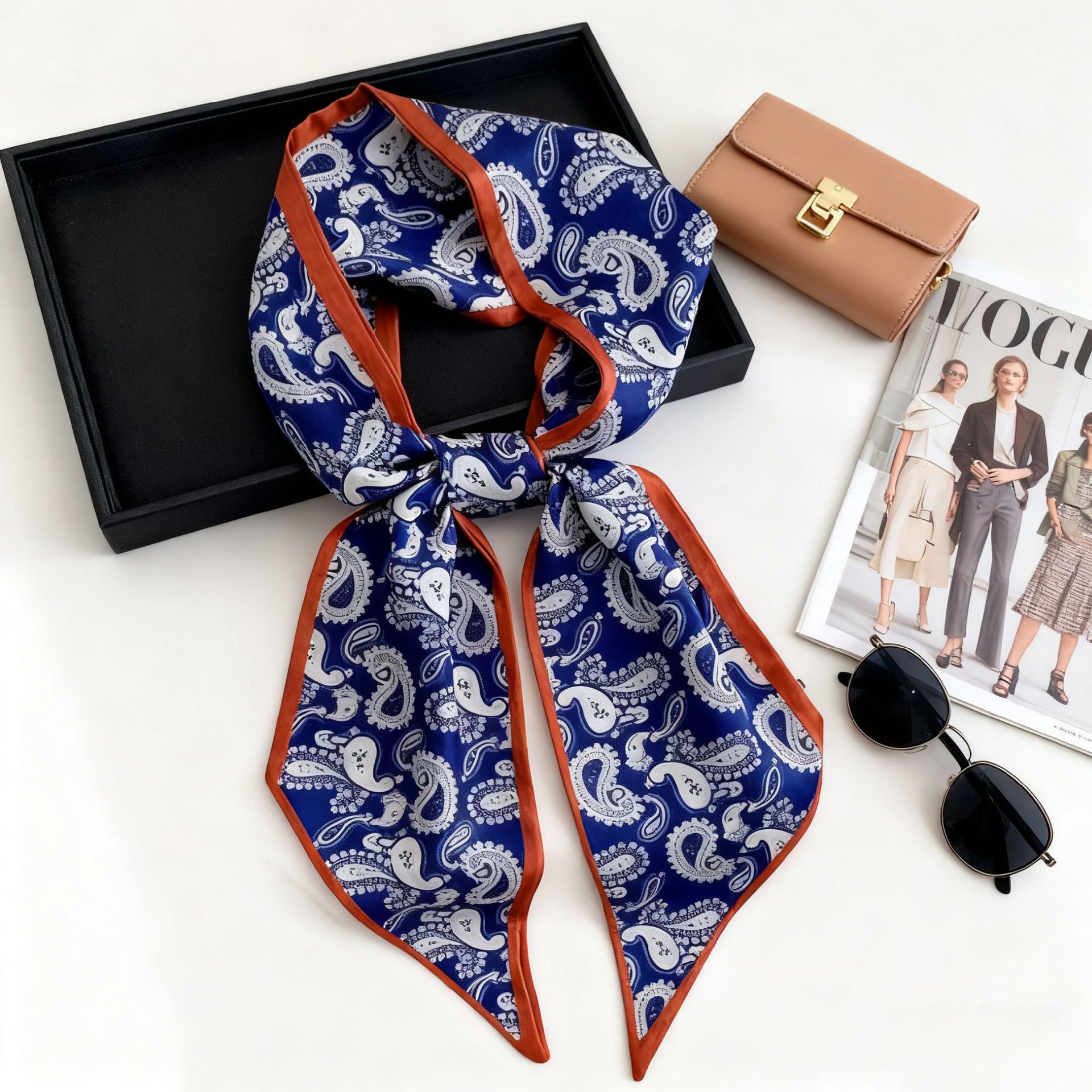 Nouvelles écharpes longues de luxe pour femmes, bandeau rétro, foulard imitation soie, ruban à nouer autour du cou, ceinture florale tendance pour poignet, mouchoir de cou