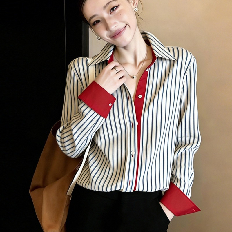 Chemisiers vintage pour femmes, chemises rayées décontractées, vêtements amples tendance printemps/été, hauts à manches longues pour femmes