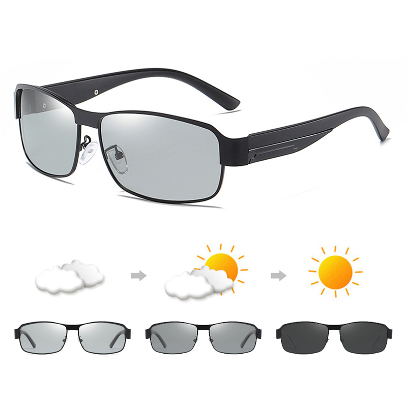Lunettes de soleil rectangulaires photochromiques classiques pour hommes, lunettes de soleil polarisées en métal de luxe, mode masculine, extérieur, nuances de conduite caméléon