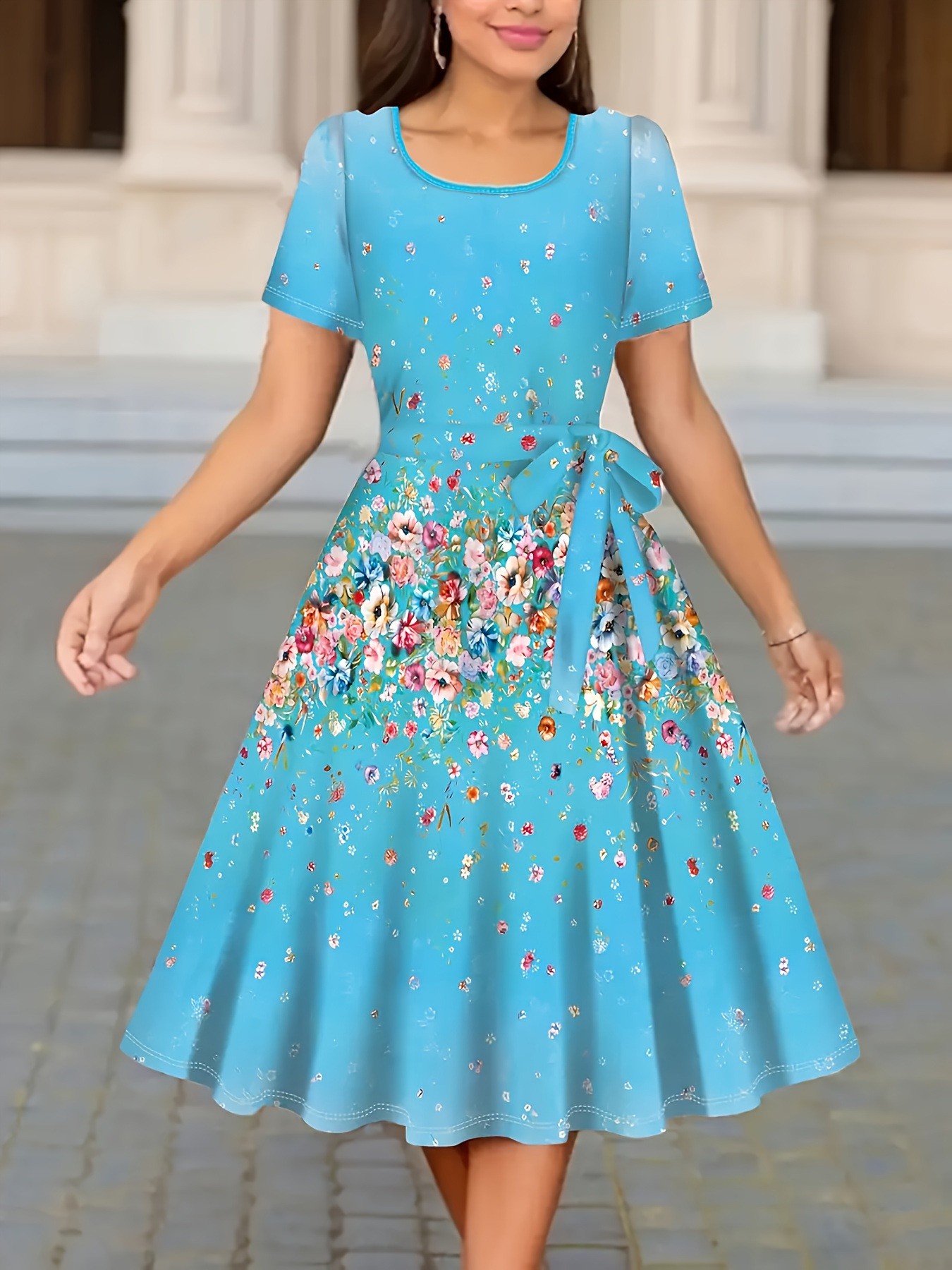 Robe mi-longue décontractée pour femme, imprimé floral, col rond, manches courtes, taille nouée, noire et blanche, élégante pour les fêtes