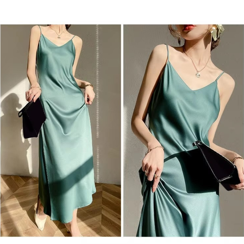 Robe longue en Satin Vintage pour femmes, tenue d'été Sexy, bretelles Spaghetti, Maxi, tenue de soirée, mi-longue, vêtements féminins