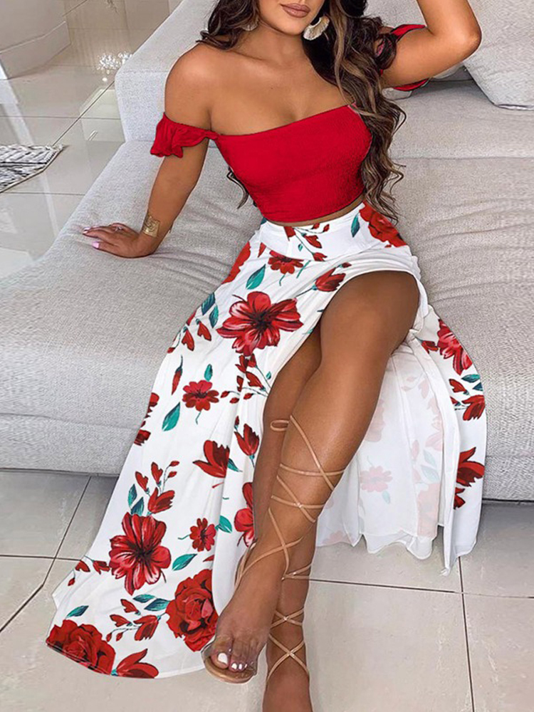 Ensemble jupe mi-longue plissée taille haute et imprimé floral pour femme, jupe longue chic pour femme, monochromatique, mode estivale, 2 pièces