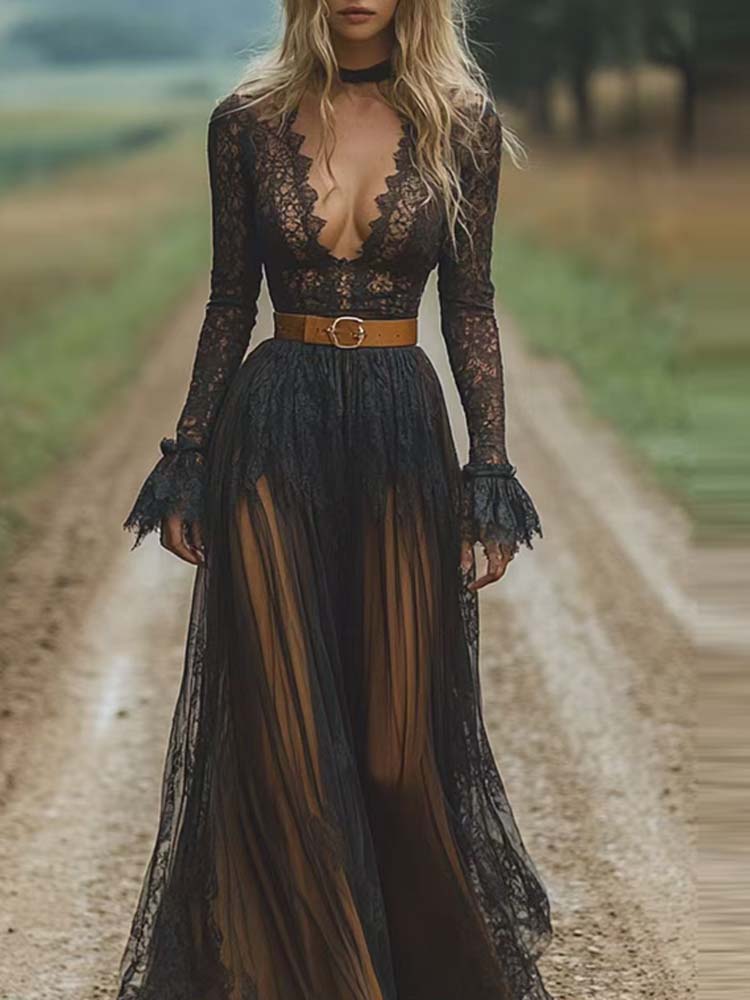 Sexy col en v dentelle noire maille à manches longues rétro robe longue femmes printemps été mince broderie avec plis uniques robes nouveau
