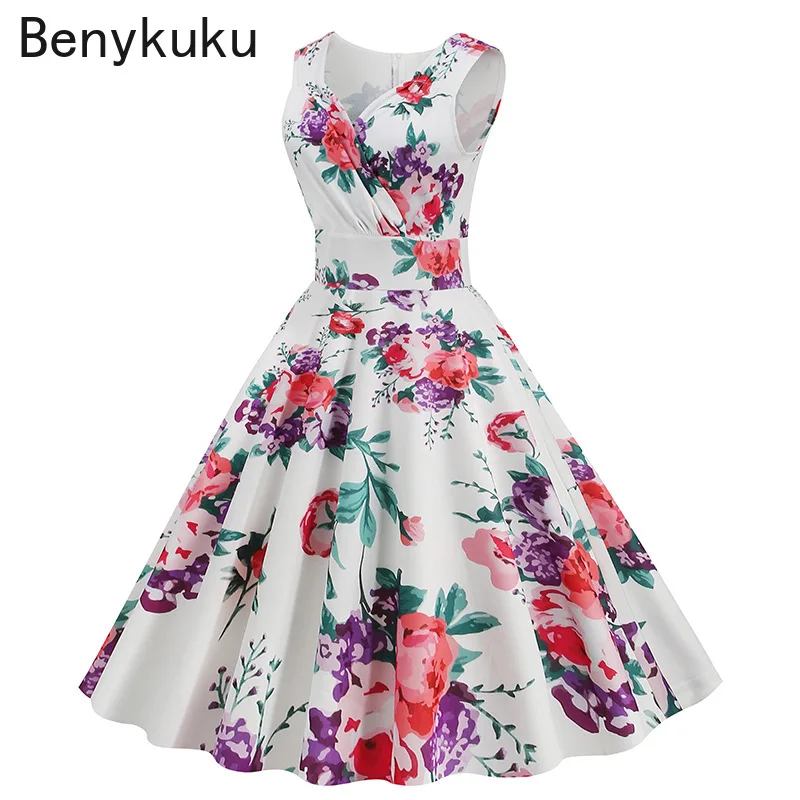 Robe d'été élégante pour femme, style Hepburn, imprimé rétro, sans manches, col en V, motif floral, coupe évasée, vintage, années 50-60, collection 2026