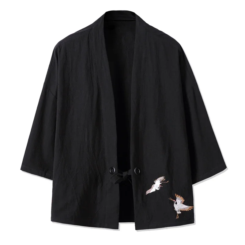Kimono pour hommes, broderie de grue, style japonais Harajuku, cardigan décontracté en coton, costume de samouraï pour hommes, Yukata, vêtements asiatiques, vestes pour hommes