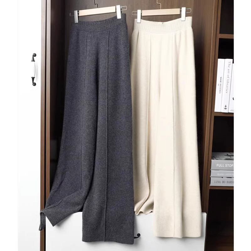 Pantalon à jambes larges pour femmes, couture moyenne, forme de jambe modifiée, ample, amincissant, tricoté, taille haute, couleur unie, 2024