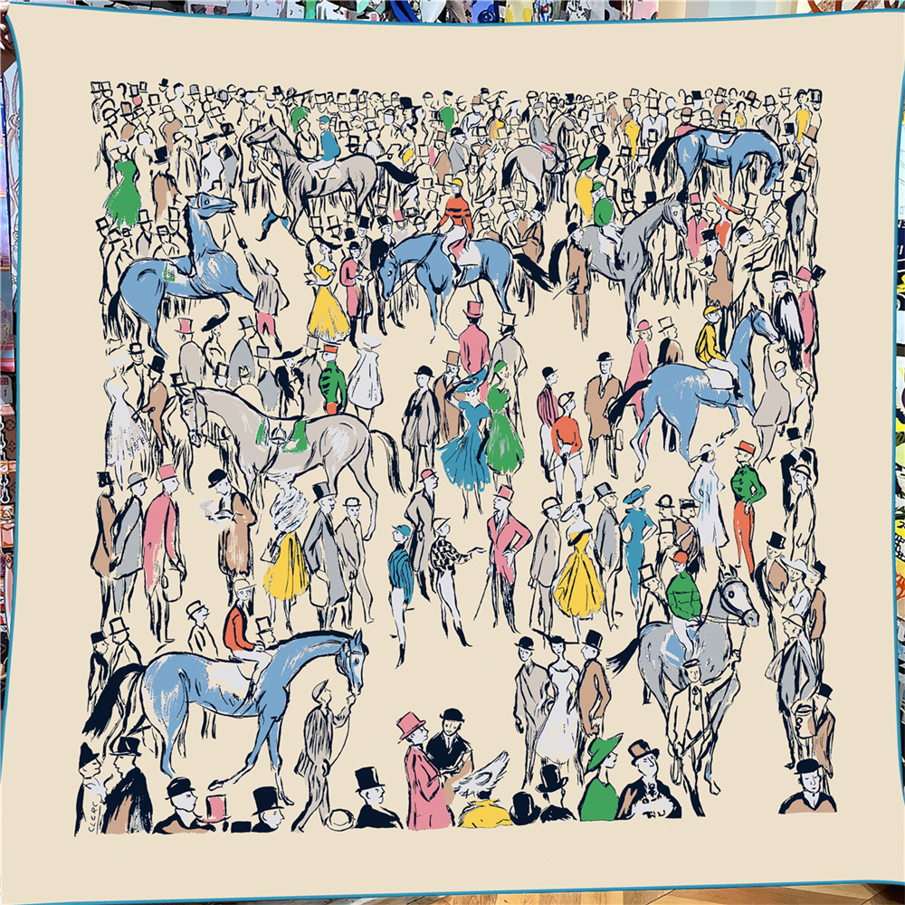 Foulard carré pour femme 135 cm, 30% soie 70% cachemire, ourlet roulé à la main, imprimé Steed Market, grand hijab, bandana, écharpe, foulard