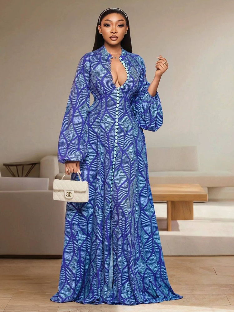 Robe longue élégante pour femme à manches longues, style ethnique africain, avec boutons décoratifs, longueur ras du sol, pour soirée, vente en gros