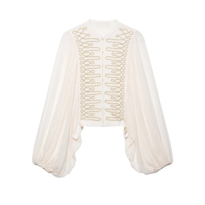 Chemise pour femmes, nouvelle collection automne, style classique et élégant, beige, manches longues avec décoration de nœud, manches bouffantes, style romantique français, légère.