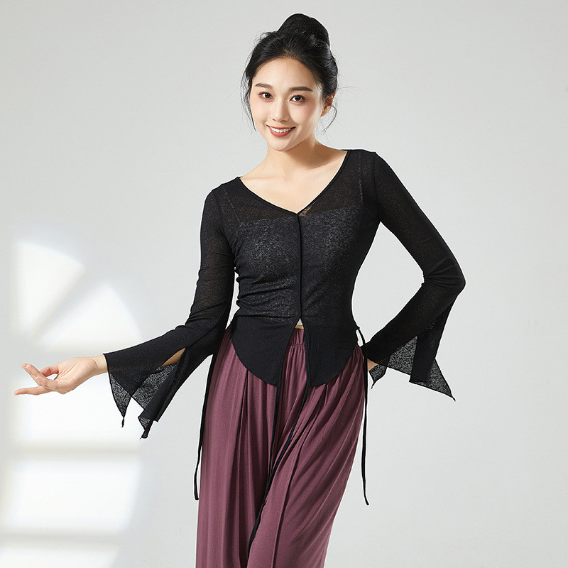 Vêtements d'entraînement de danse moderne, col en V, manches évasées fendues, hauts de tempérament, Costume d'entraînement de couleur unie pour femmes, vêtements ajustés