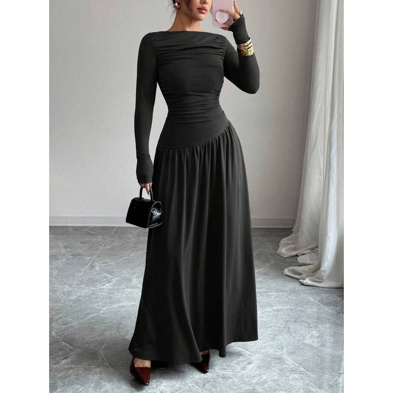 Robes de soirée élégantes pour femmes, col bateau modeste, couleur unie, manches longues, robe maxi plissée et fluide pour les occasions quotidiennes et les soirées.