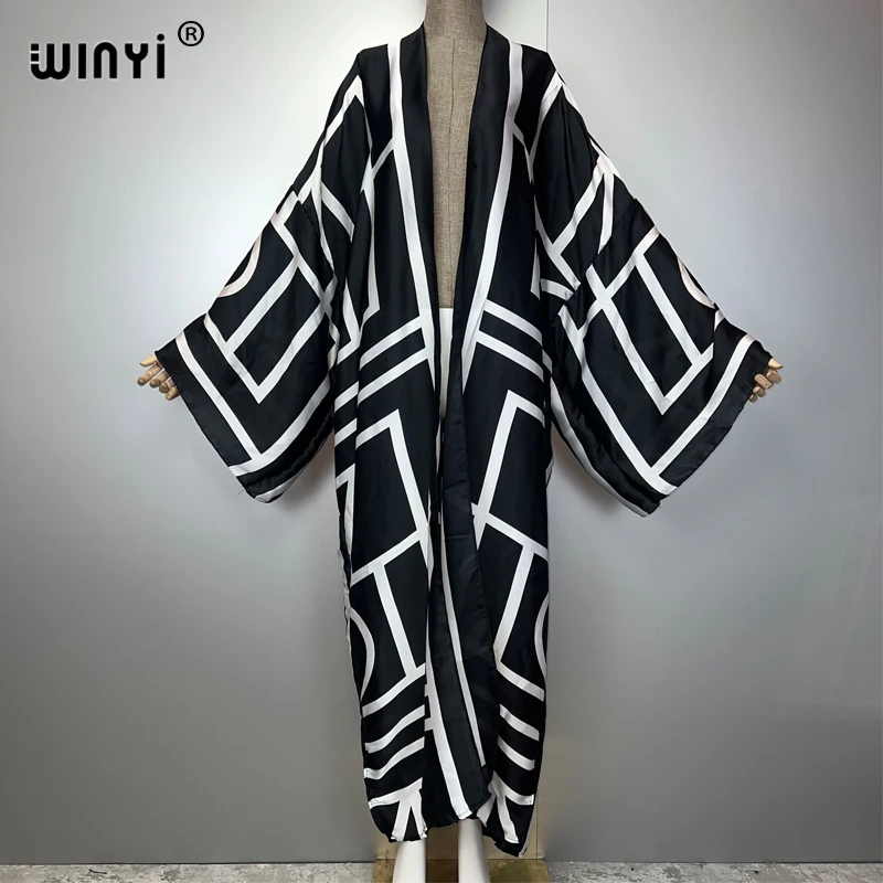 WINYI 2026 Kimono Femme Imprimé à Ourlet Bouffant, Manteau à Manches Longues, Cardigan, Abaya, Vêtement de Plage de Luxe de Dubaï, Robe Bohème, Caftan