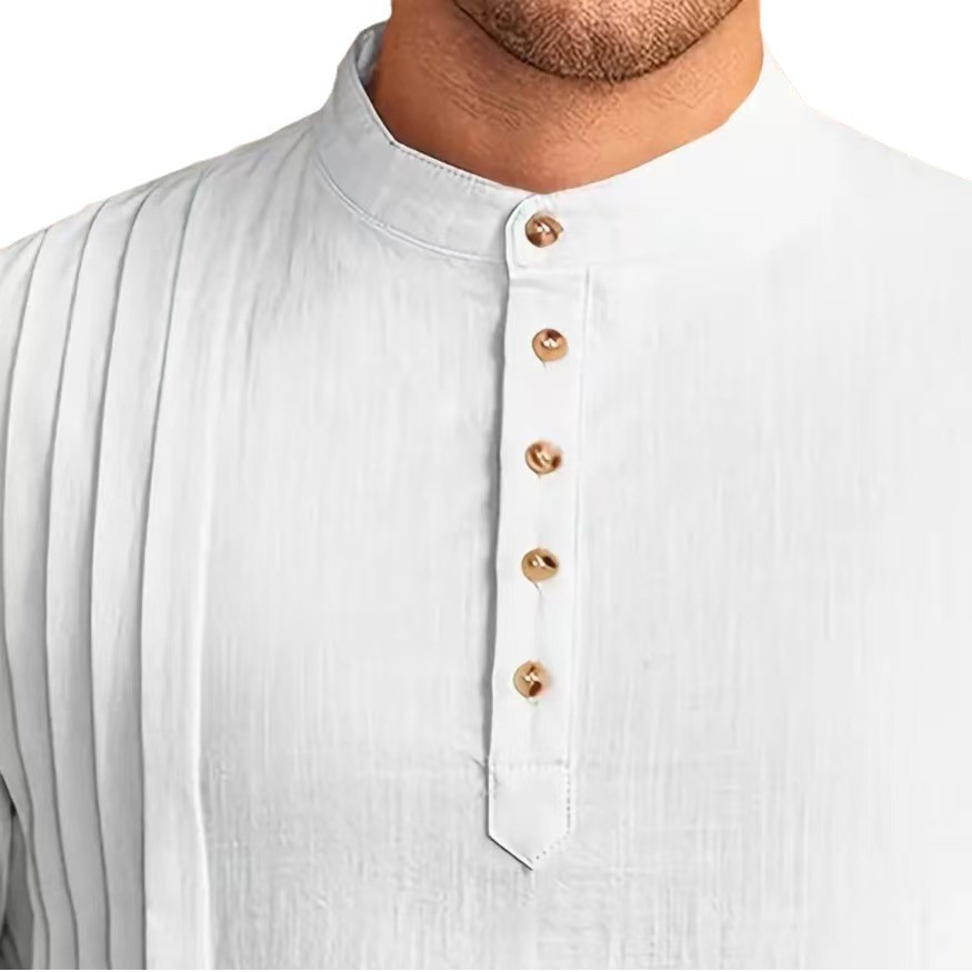 Nouvelle chemise musulmane d'été 2026 pour hommes, style Moyen-Orient, Arabie, Malaisie, en coton et lin, à boutons, robe musulmane, hauts traditionnels à manches longues