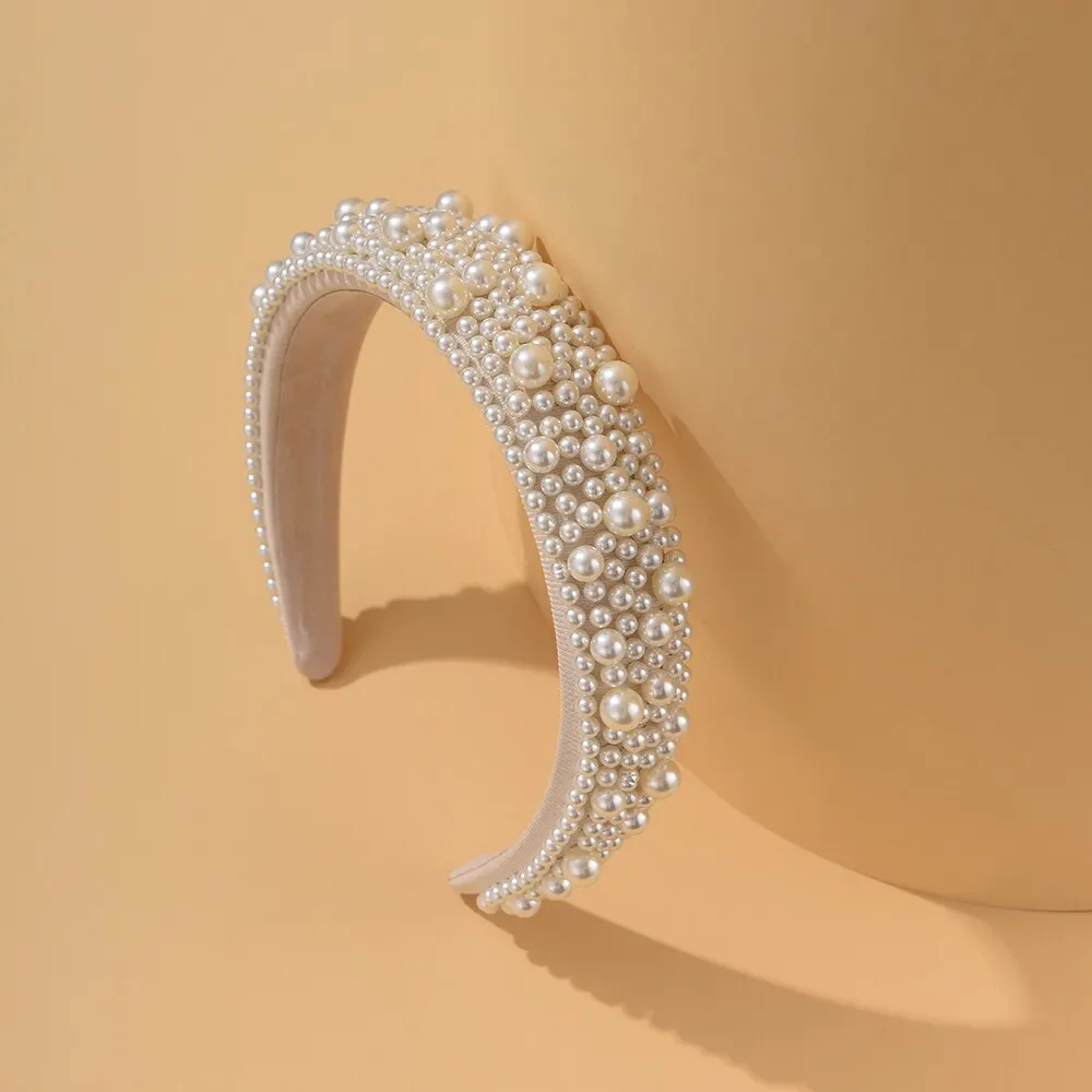 Cerceau de cheveux large fait à la main pour femmes, bande de sauna pour patients de mariage, vêtements de sauna pour filles, bijoux de mariage, perle blanche, accessoires pour cheveux, 2023