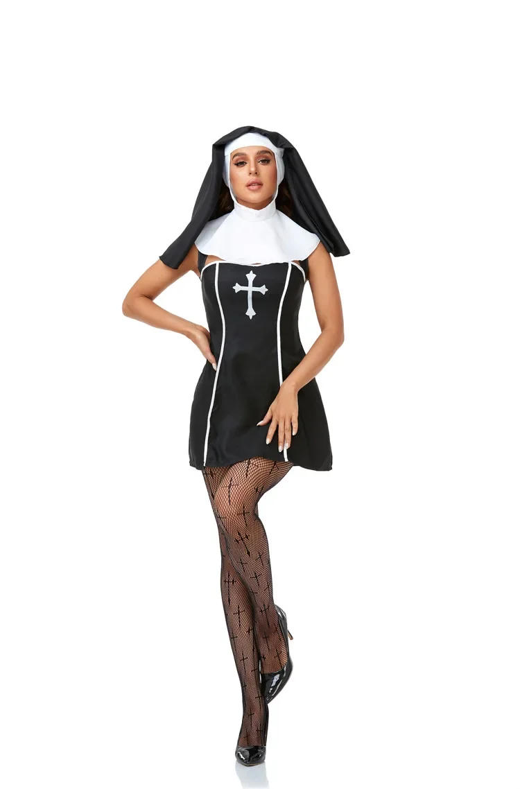 Costume de Cosplay de ixd'Halloween de Pâques pour Adulte, Sexy, Nonne, Femme, Prière, Enseignant, Noir et Blanc, Scène Trempée