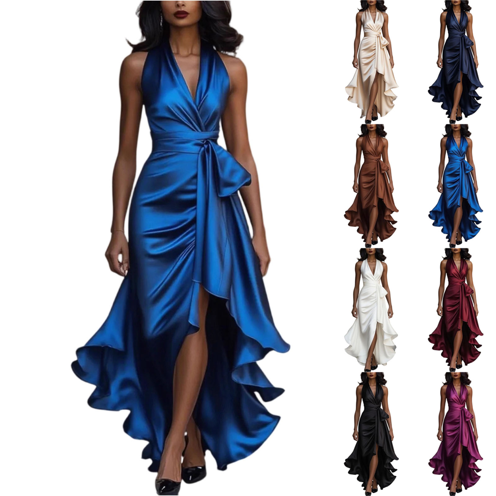 Robe de soirée en Satin pour femmes, col en v profond, à volants, couleur unie, à lacets, taille haute, robes de soirée pour invités de mariage