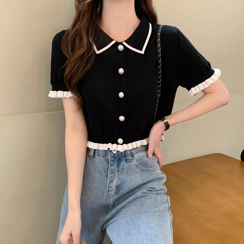 Chemisier Femme Tricoté à Manches Courtes avec Col Boutonné et Volants, Boutons Perle, Style Chic Français, Haut Court d'Été