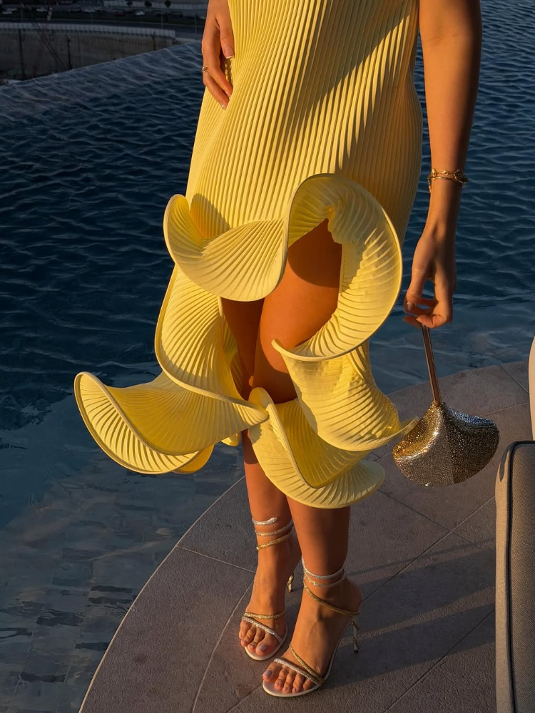 Robe élégante à volants irréguliers, robe de soirée chic pour femmes, sans manches, épaules dénudées, à lacets, robe midi slim, robes de soirée pour femmes 2026