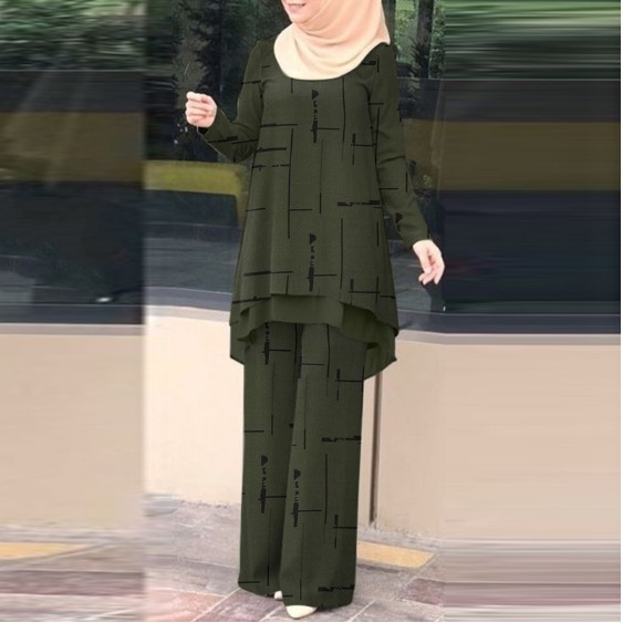 Ensemble 2 Pièces pour Femmes Musulmanes : Blouse et Pantalon Large Imprimé – Tenue de Ramadan, Maroc, Dubaï, Islam, Aïd 2026