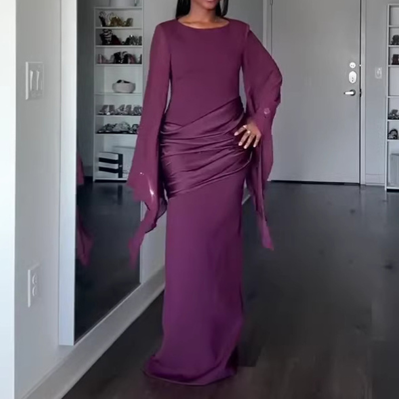 Robe de soirée décontractée à manches évasées et drapées pour femme, robe de mariée moulante unie à la taille, robe de soirée élégante à col rond pour occasions formelles et fêtes