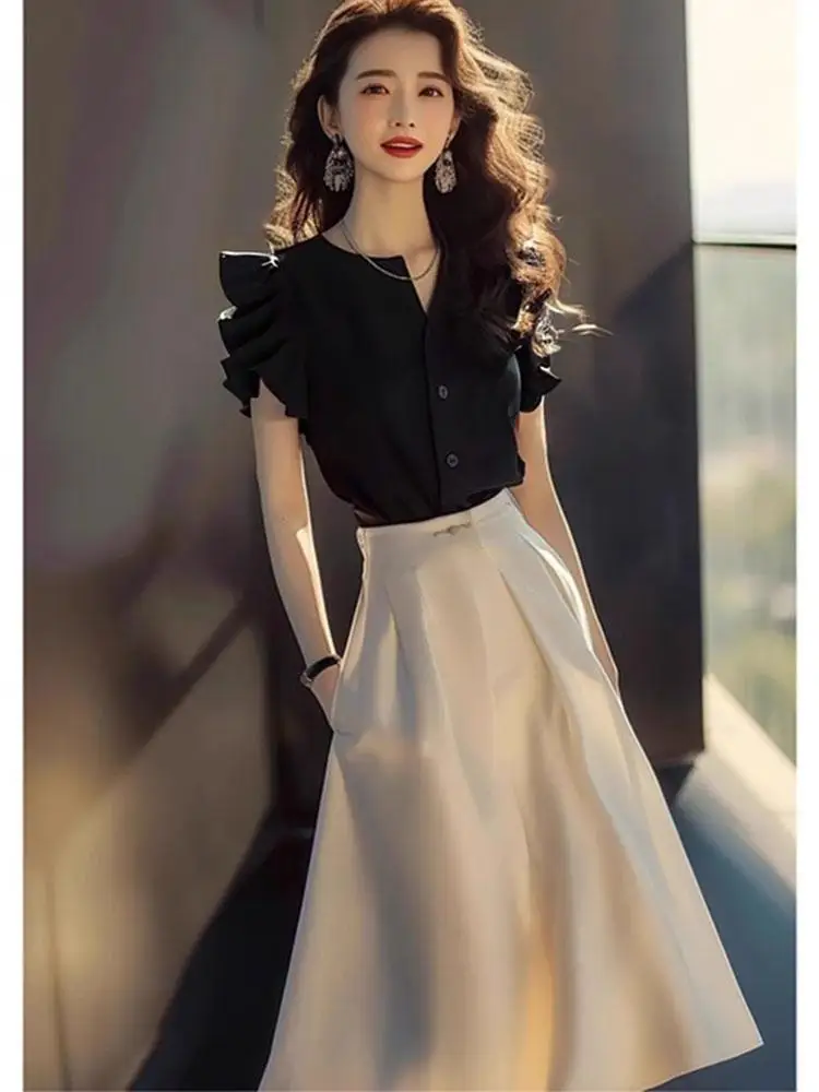 Tenue de plage en mousseline de soie pour femmes, jupe à manches longues, ensemble 2 pièces noir, élégant, décontracté, élégant, vêtements Y2k, Chic, nouvelle collection assortie