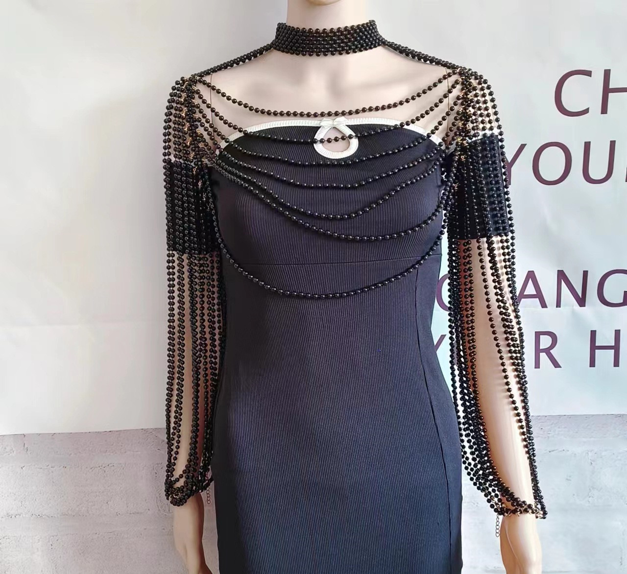 Femmes perle débardeur Sexy multijoueur perle gland à manches longues soutien-gorge chaînes Camisole colliers col Partywear culture hauts