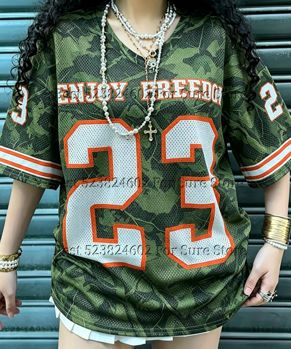 T-shirt à manches courtes pour femme en jersey maille graphique camouflage Realtree vintage 23, style uniforme de baseball décontracté ample hip-hop streetwear