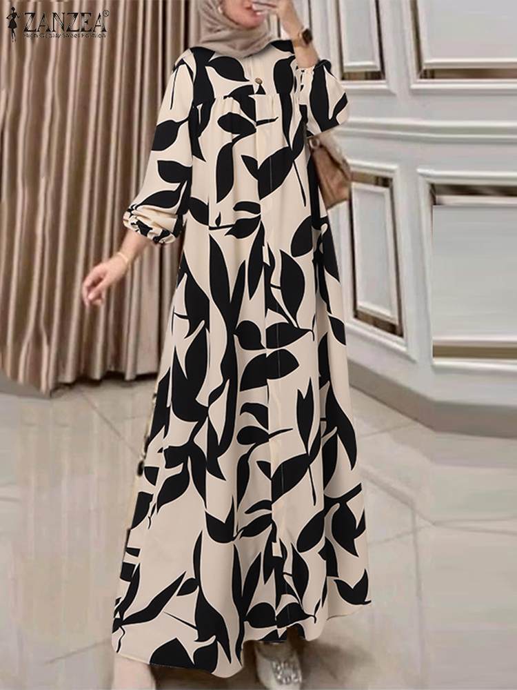 ZANZEA-Robe Maxi à Manches sulfpour Femme Musulmane, Vêtement Éducatif Islamique, Abaya Bohème, Imprimé Floral, Mode Automne 2024