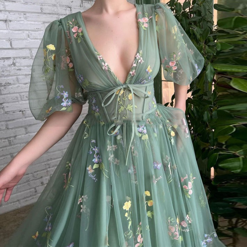 Robe longue pour femme, robe de bal, robe de mariée florale à manches bouffantes, style Y2K streetwear, taille haute, élégante pour soirée et fête
