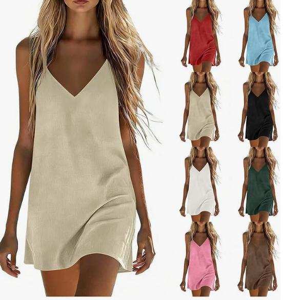 Robes en coton et lin pour femmes, mini-robe d'été sans manches, col en V, coupe ample, décontractée, pour la plage et les vacances, robe de soleil, Vestidos