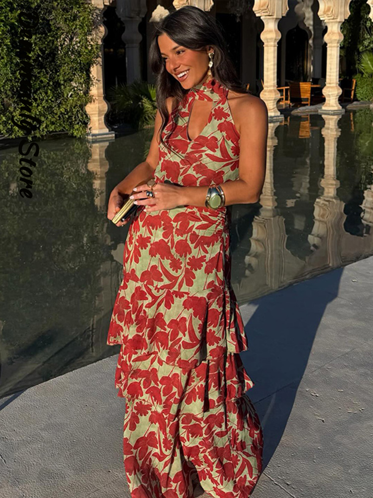 Robe longue vintage imprimée pour femme, sans manches, dos nu, à volants et découpes, style halter, collection été 2026, pour femme, style urbain