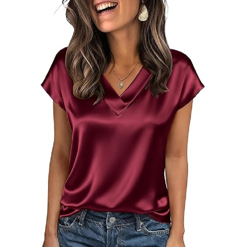 Nouvelle chemise en satin d'été 2026 pour femme, à manches courtes et col en V, chemisier ample et soyeux pour le bureau, Blusas De Mujer