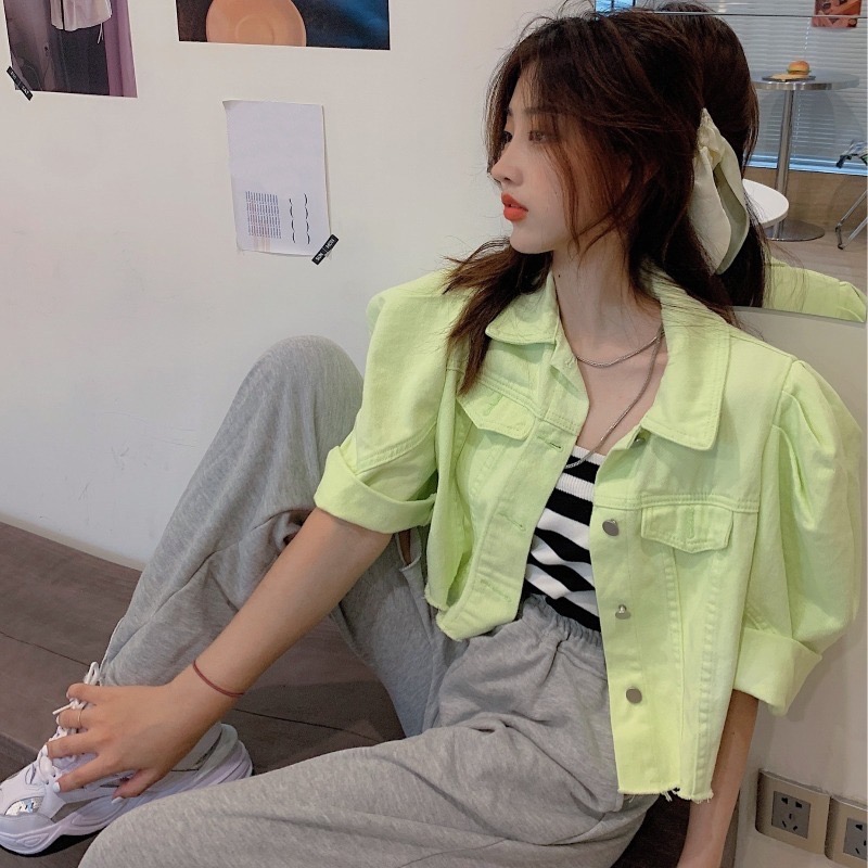 Mode coréenne femmes bleu Denim t-shirts hauts décontracté ample été femme Vintage manches bouffantes lanterne manches boutons 2025 été