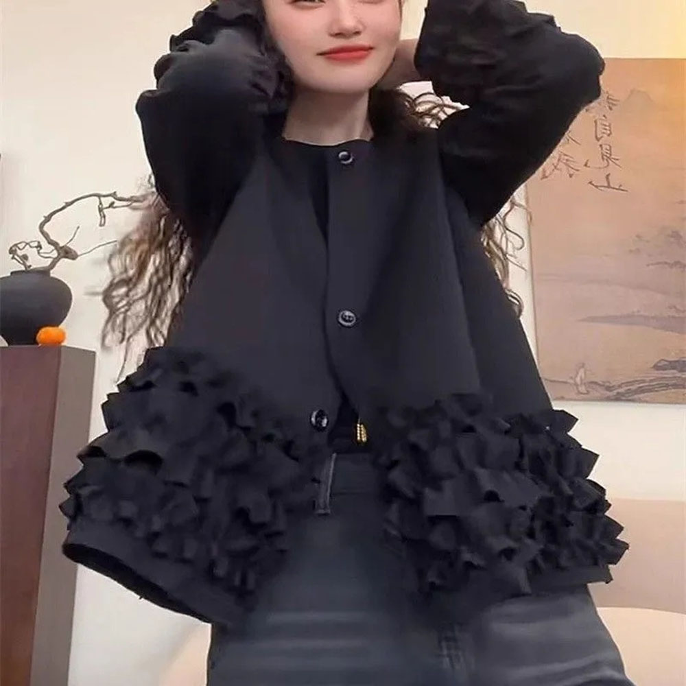 Manteau pour femme, design tendance, bordure à volants, manteau noir, idéal pour le printemps et l’automne, beau col rond, coupe ample, manches longues, vêtement d’extérieur décontracté.