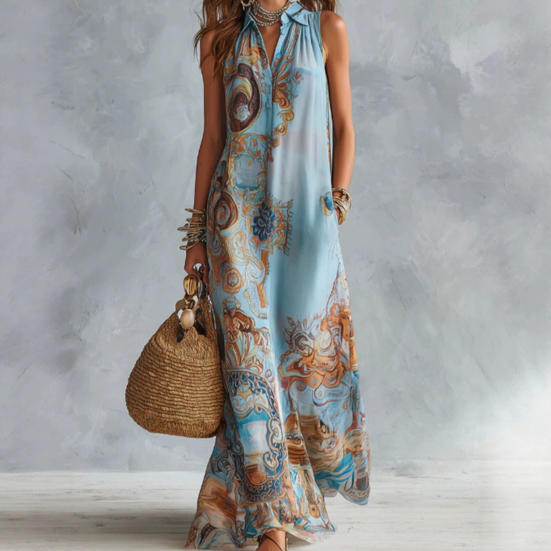 Robe longue élégante sans manches pour femme, imprimé numérique, col rabattu, simple boutonnage, fluide, décontractée, style bohème, été, Vestido