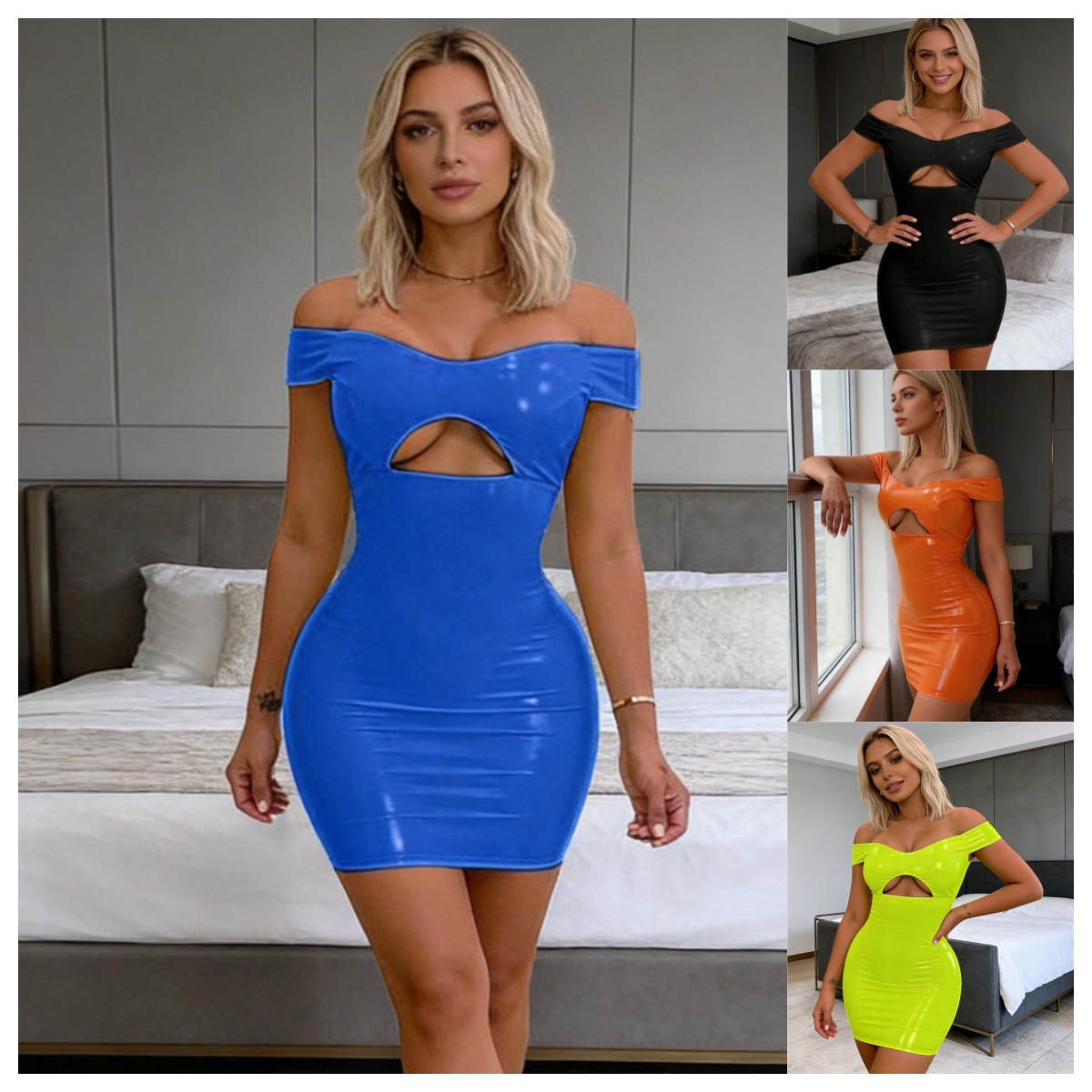 Robes pour femmes 2026 Nouvelle collection été en cuir PU sexy, à épaules dénudées, moulante, mini-robe pour boîtes de nuit, vêtements pour femmes, vestidos.
