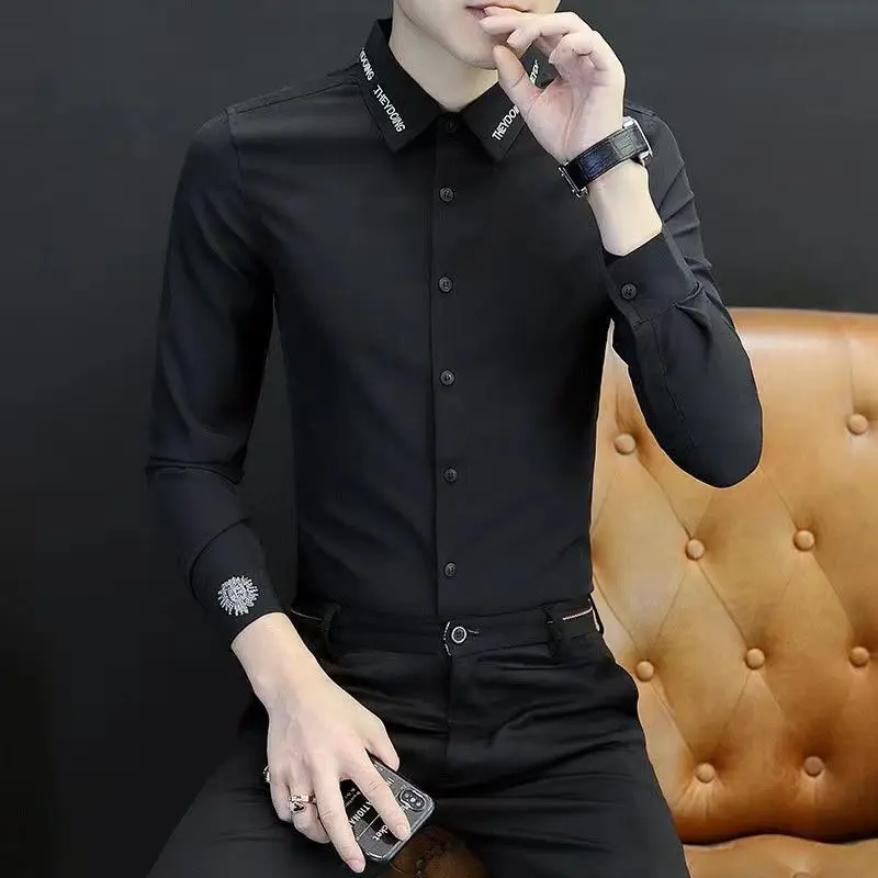 Chemise homme broderie graphique noir chemises homme créateur Social boutonné I coton avec manches mode 2025 Cool asie été