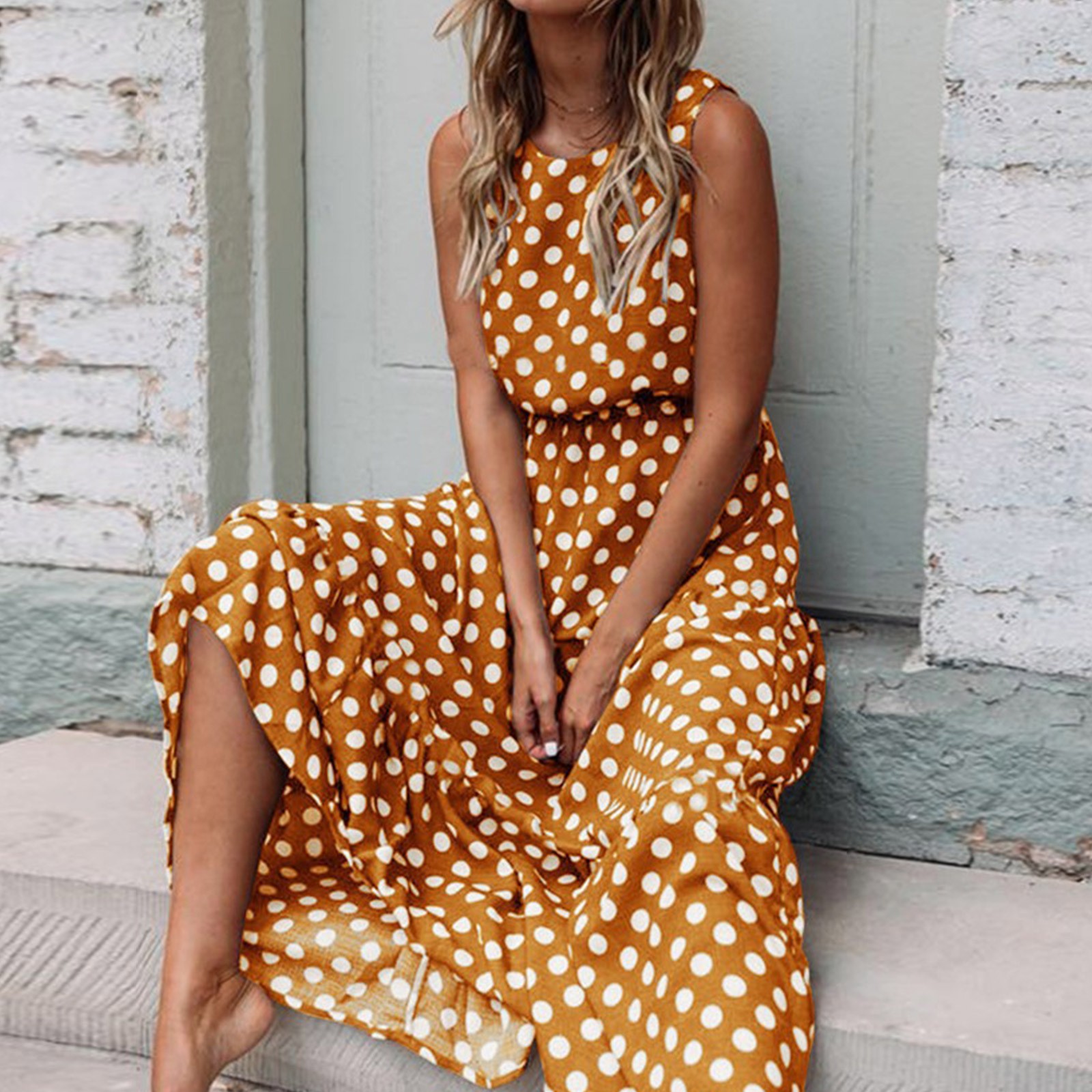 Robe d'été style Boho à pois pour femmes, Maxi, longue, Sexy, élégante, sans manches, avec ceintures, robe De soirée