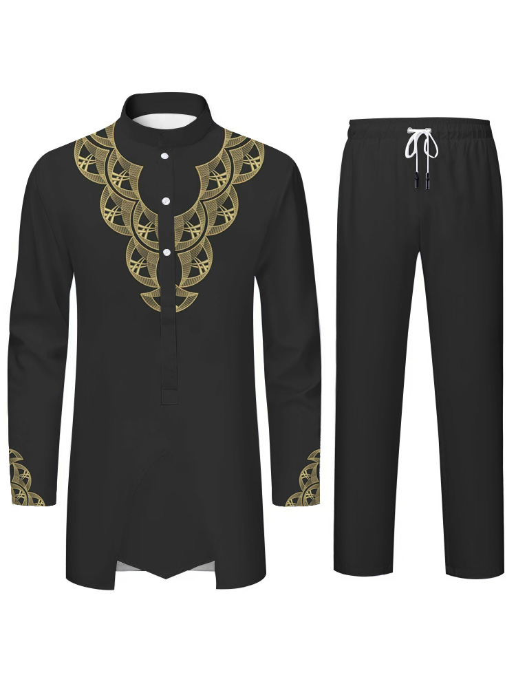 Moyen-Orient Islamique Mens Costume Costume Musulman Costume Personnalisé 3D Imprimé Motif Arabe Traditionnel Robe Lâche Respirant Deux Pièces