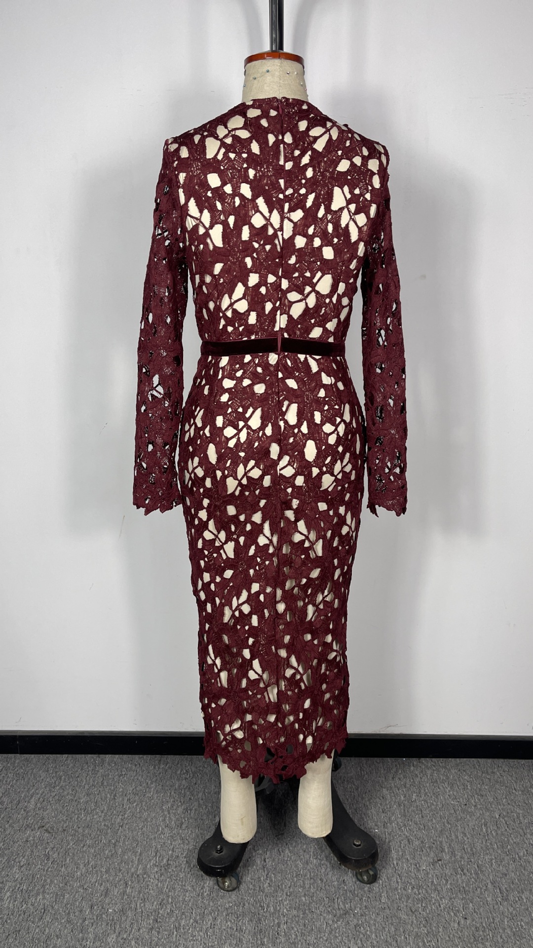 Robe élégante en jacquard pour femmes, manches longues, col haut, bordeaux, robe de soirée mi-longue, robe de cérémonie, robe de soirée pour mariage, qualité supérieure